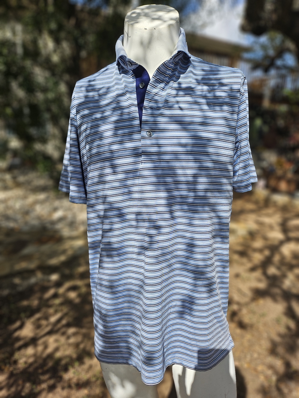 Greyson Men's Light & Dark Blue Striped Polo Golf Shirt L